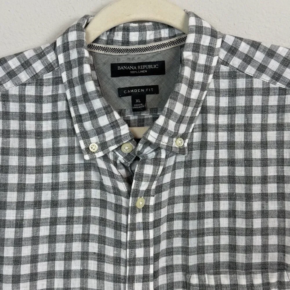 Banana Republic Camden Fit Linen Grey White Checkered Shirt XL
